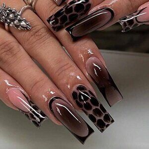 24pcs Long Square Leopard Print French Manicure High Gloss - Press-On Nails New